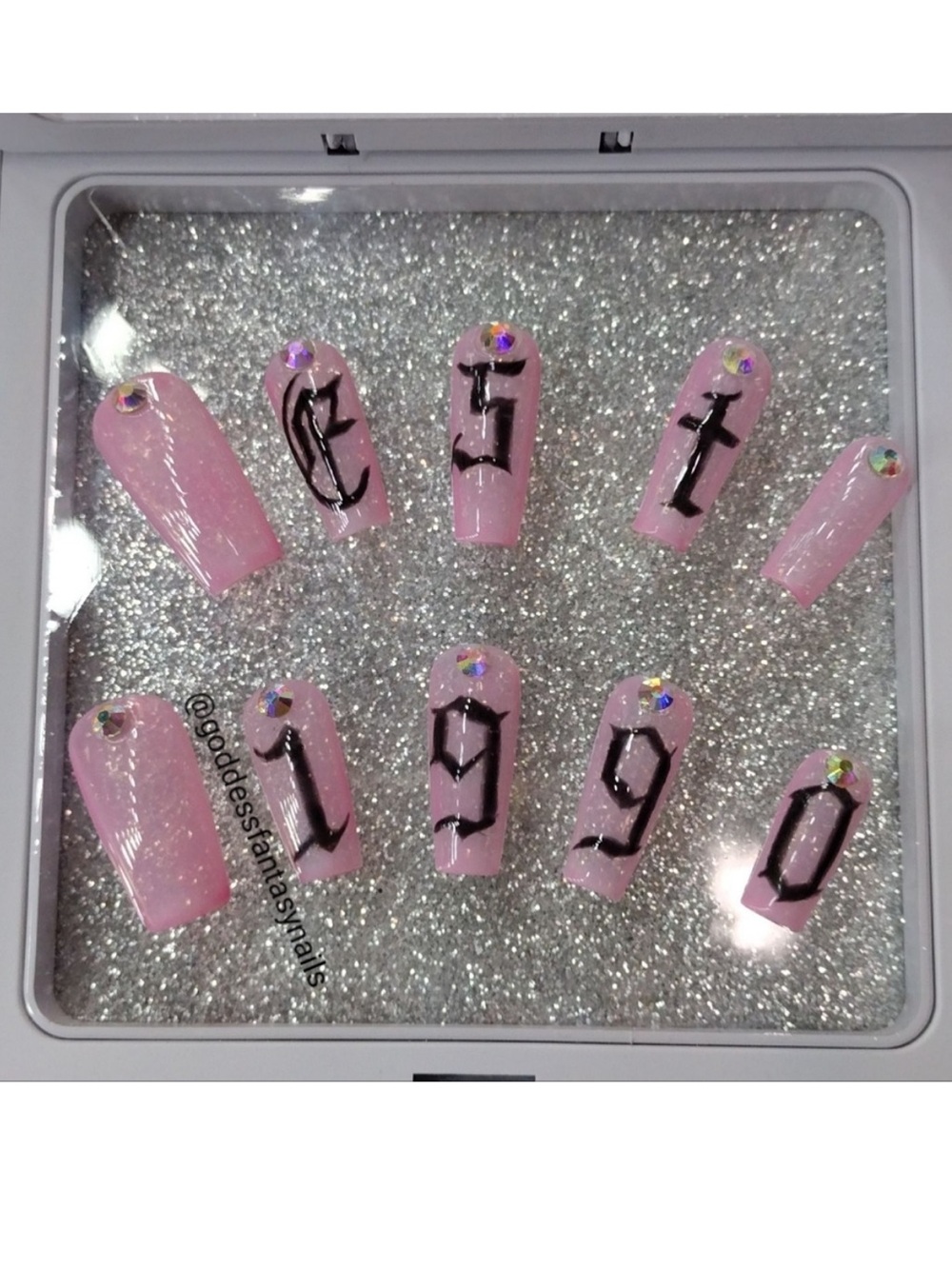 Pink Jelly Old English Press-On Nails with Rhinestones